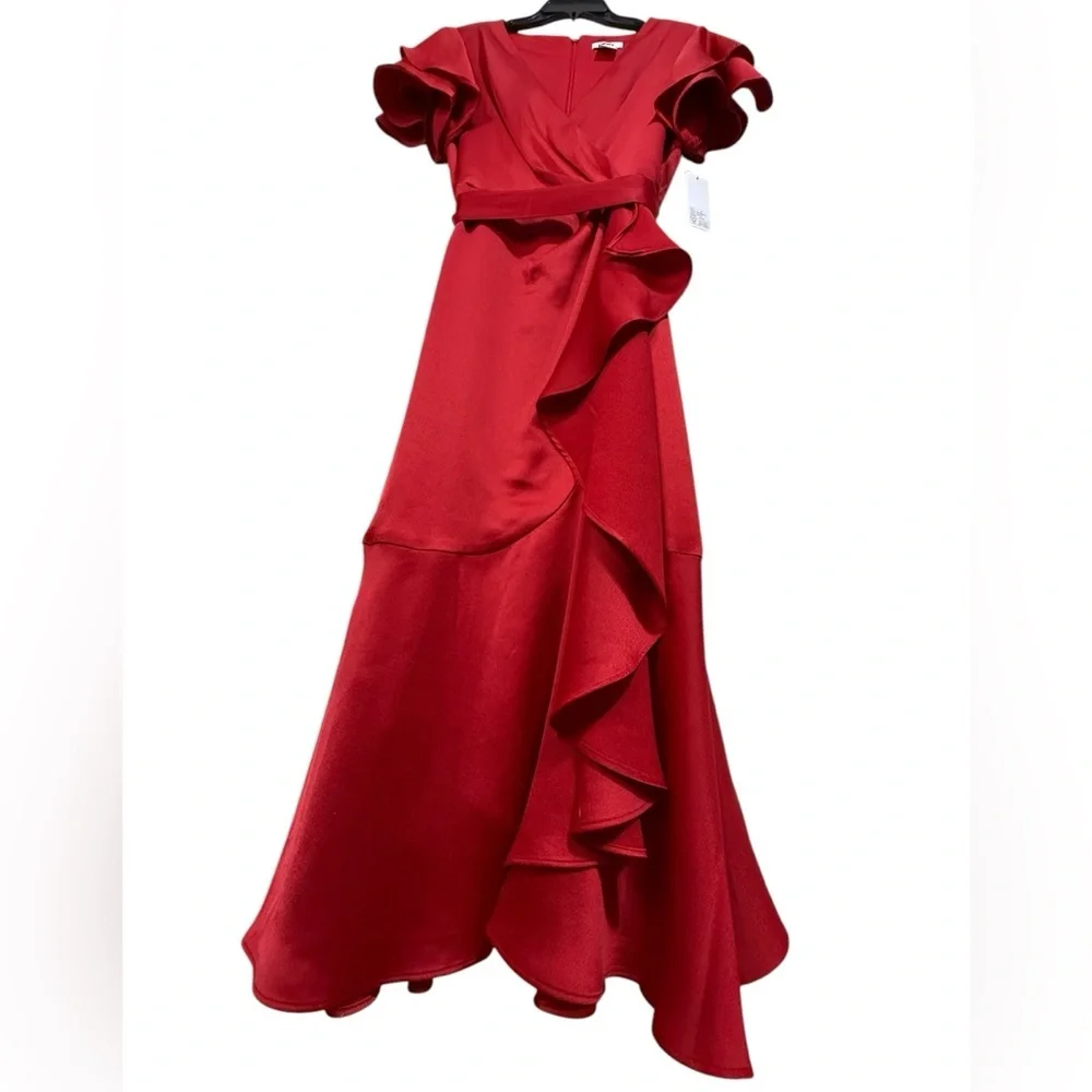 Women's V neck Ruffle Front Red Satin Crepe belted Gown 
Size 8 - Picture 2 of 11